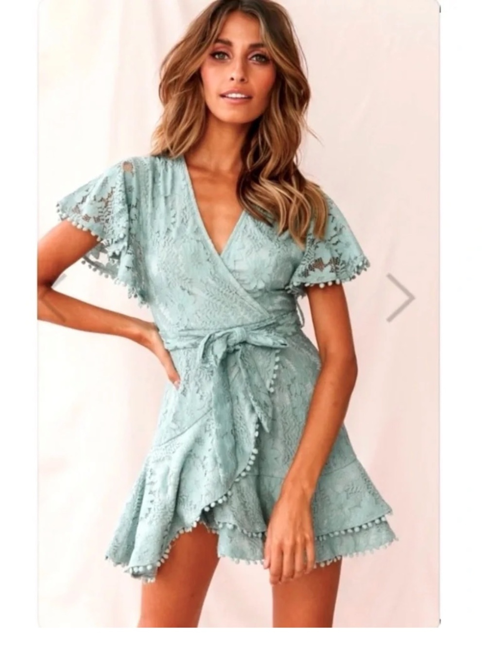 Selfie Leslie Lace Wrap Mini Dress in Sage XL New